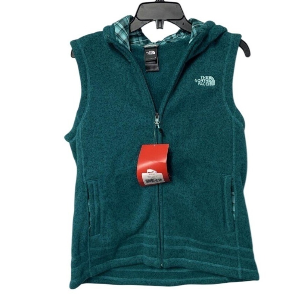 The North Face Womens Green Hooded Fleece Vest Plaid Lined Hood Size L NWT
